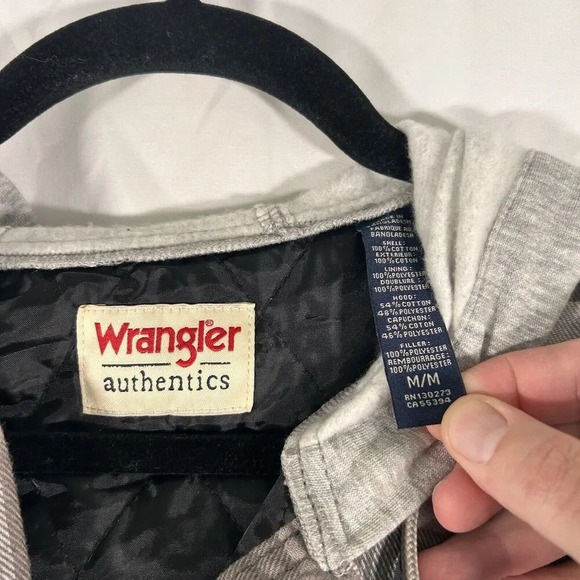 Wrangler Jacket Men's Large Medium Grey Plaid Button Up Hooded Drawstring - Picture 4 of 8
